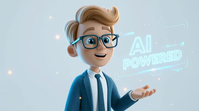 3D cartoon technology presenter explaining concepts with floating holographic UI elements and animated speaking expression. Futuristic soft background showcasing digital learning and innovation.