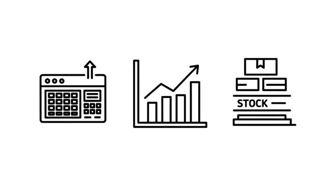 Set of abstract business and warehouse line icons including inventory management and performance analytics with inventory management analytics business warehouse logistics software dashboard