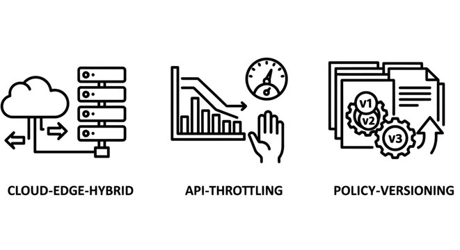 Set of it infrastructure and cloud computing icons including edge hybrid and policy versioning with computing infrastructure versioning throttling document technology development management