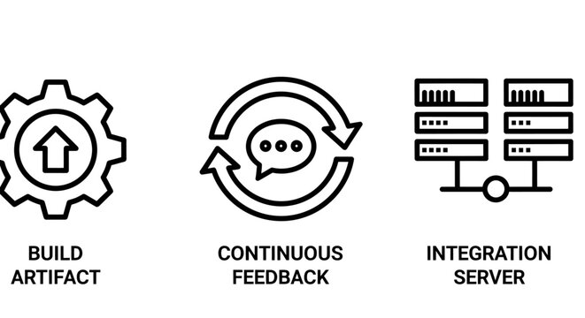 Set of devops and software engineering process icons including build artifact and continuous feedback with software engineering artifact feedback integration development pipeline automation