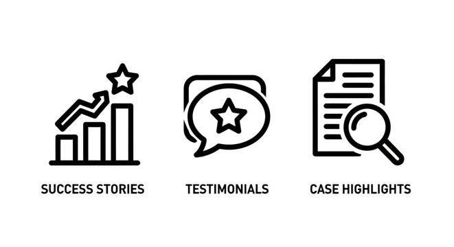Business success stories testimonials and case highlights icon collection with testimonials highlights business marketing feedback document magnifying research analysis performance evidence
