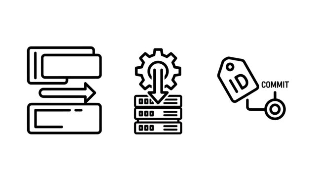 Set of server administration and data commit line icons with administration database infrastructure download management transfer maintenance configuration optimization computing technology