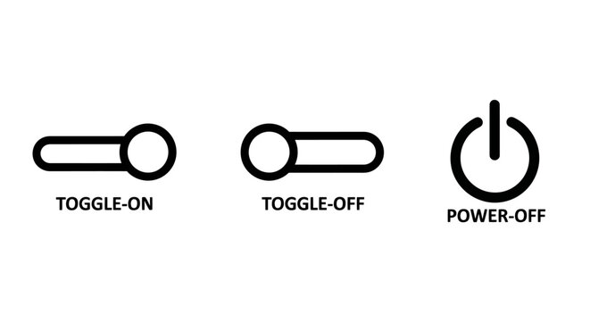Toggle on toggle off and power off switch icons set with interface electronic settings activation deactivation function minimalist interaction component hardware shutdown operation