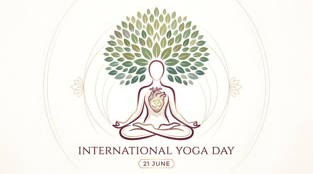 International yoga day illustration with a person meditating in lotus position and a tree behind on beige background