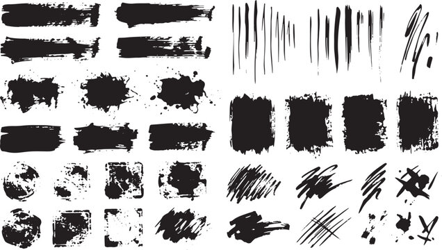 Grunge Ink Brush Strokes and Splatter Elements &ndash; Hand-Drawn Abstract Grunge Design Elements Set &ndash; Black Ink Paint Brush Strokes Splatter and Scratch Textures Vector and whit background.