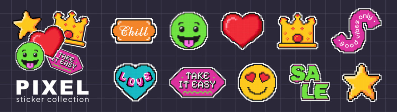 Set of pixel stickers and badges with emoji, Y2K slang, crown, heart. Phrases 'take it easy', 'good vibes only'. Trendy colorful pack for games or social media.