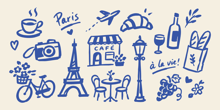 Paris Cafe Doodle Set Vector Illustration