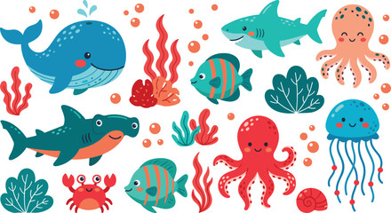 Cute Ocean Life Vector Clipart Set with Cartoon Whale Shark Hammerhead Octopus Crab and Jellyfish Characters for Kids Under the Sea Educational Designs © Rumi