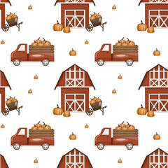 Pattern red car with a autumn pumpkins. Illustration of autumn harvest is hand drawn. Seamless print on isolated background for design textiles, fabrics, wallpaper, packaging, clothes © Evgeniia