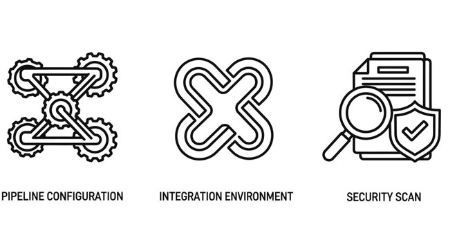 Set of software development and security infrastructure icons with pipeline configuration integration environment security development software engineering document magnifying automation
