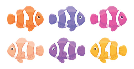 Colorful tropical clownfish icons set with striped pattern for marine aquarium ocean underwater reef animal flat vector design © Rashida