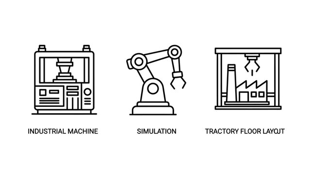 Industrial manufacturing and factory floor automation icons depicting mechanical machinery robotic simulation production layouts with industrial simulation robotics automation manufacturing