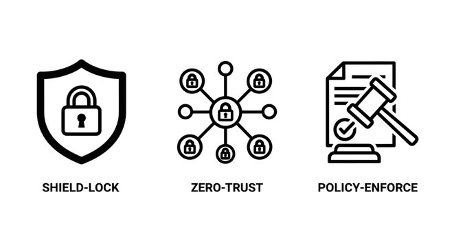 Cybersecurity and zero trust policy enforcement icons with cybersecurity security enforcement protection information business compliance verification authentication infrastructure management