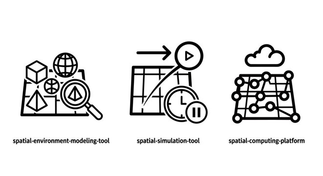 Spatial computing and simulation technology icon set with computing modeling simulation platform technology geometry augmented interface analysis structure technical innovation advanced