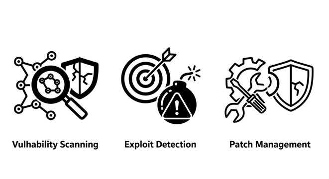 Cybersecurity icon set featuring vulnerability scanning exploit detection and patch management cybersecurity vulnerability scanning detection management security protection software graphics