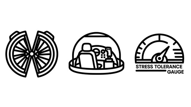 Industrial monitoring icons including circular gears cockpit dome and stress tolerance level gauge monitoring tolerance industrial mechanic technical engineering dashboard measurement
