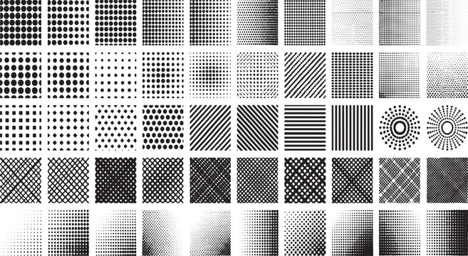 Abstract Halftone Pattern Set &ndash; Black and White Comic Dot, Line, and Crosshatch Gradient Texture Collection and whit background