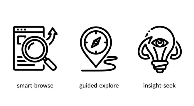 Data discovery and insight seeking icons set with discovery navigation exploration analysis information magnifying lightbulb location research intelligence knowledge learning innovation