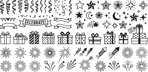 Celebration vector icons set with stars and fireworks © Shahria Emon