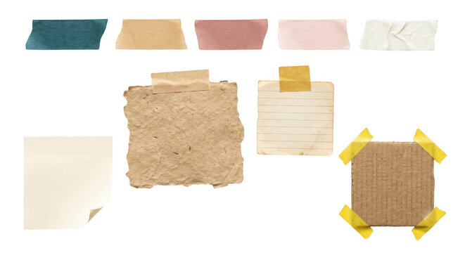 Set of various sticky notes and adhesive tapes with old paper texture on transparent background.