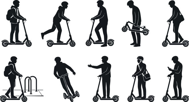 Electric kick scooter riders and commuters silhouette vector set
