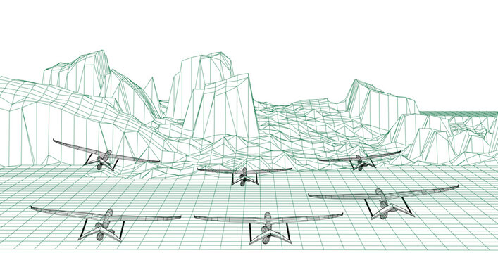 Multiple wireframe aircraft flying over a digital mountain terrain with a grid floor, illustrating a simulated drone flight