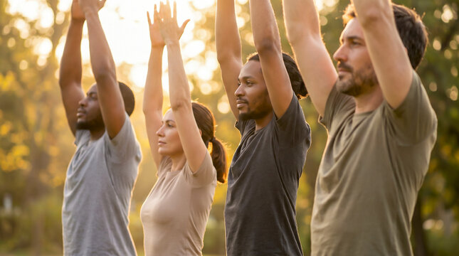 A diverse group of adults practicing yoga outdoors in a park during a sunny day, with their arms raised in a meditative pose.