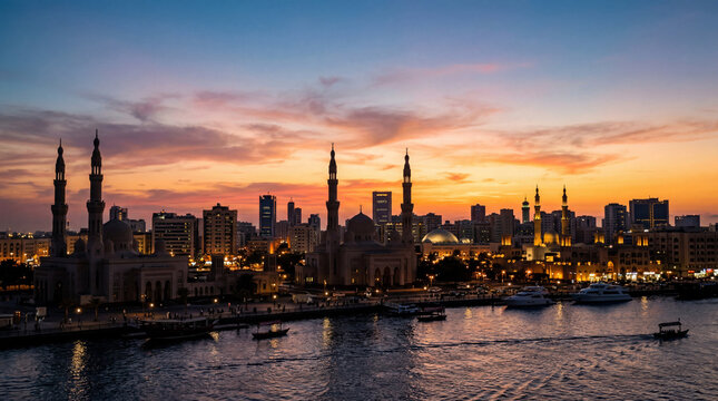 Serene dusk over a Middle Eastern city skyline showing mosque minarets and harbor boats silhouetted against a warm orange and blue gradient sky at waterfront.