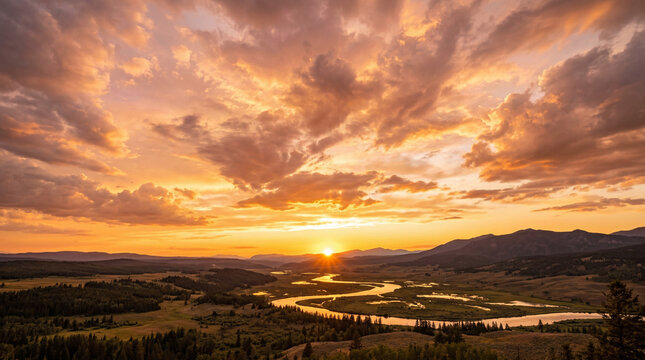 Glorious golden sunset over a sweeping mountain valley, winding reflective river, forested foothills, distant ridges, expansive grasslands, and richly textured clouds glowing above the horizon