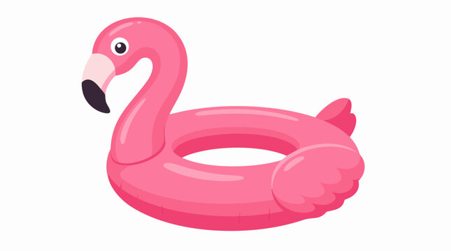 Vibrant pink inflatable flamingo swimming pool ring toy floating on a serene light background, perfect summer vacation and tropical resort leisure concept, high quality flat vector illustration.