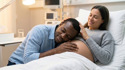 Obraz premium Expectant father listening to unborn baby on pregnant woman's belly