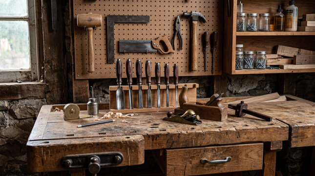 Traditional woodworking workshop with a worn wooden workbench, organized chisels and planes, mallet, hammer, saw, measuring tools, hand tools, drawers, shelves, and jars beside a window
