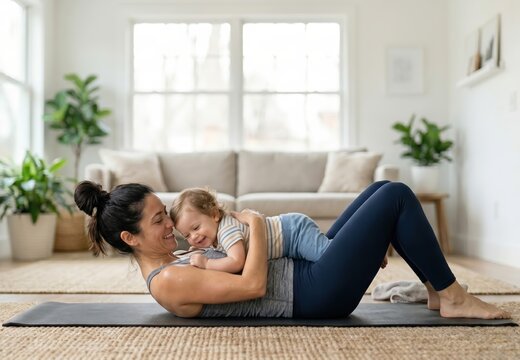 Mother doing postpartum fitness workout on yoga mat with baby