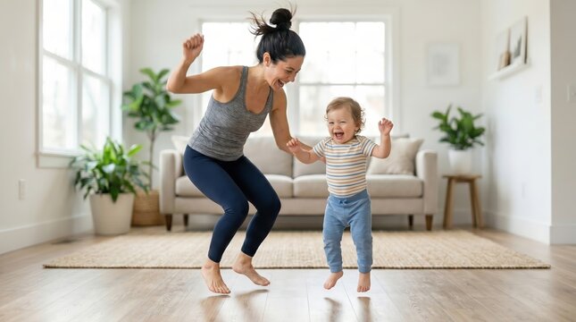 Mother and toddler jumping and dancing together in a bright living room