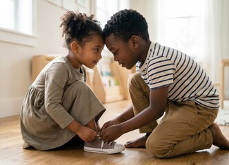 Fototapeta premium Little Boy Helping Little Girl Tie Her Shoelaces at Home Together