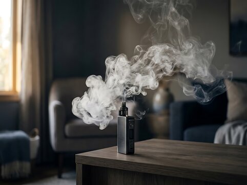 Vape device emitting thick smoke indoors.