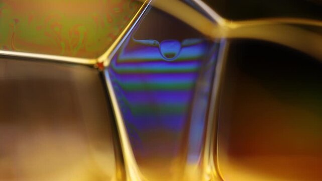 Microscopic fluid lattice cell with shimmering purple and blue interference stripes. Abstract scientific macro footage focusing on a single pentagonal or hexagonal liquid cell.