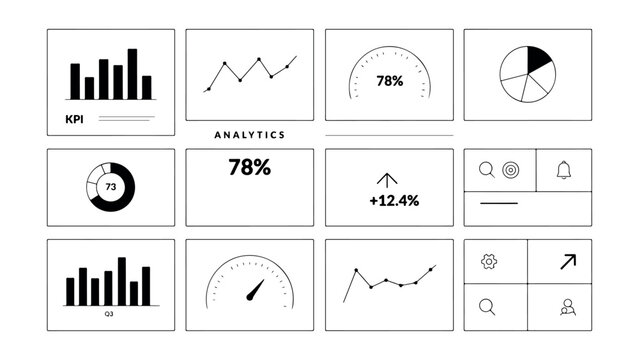Set of modern infographic interface elements displaying data charts graphs and business performance indicators on a transparent background for professional design.