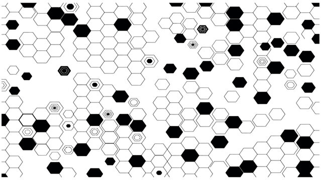 Geometric honeycomb pattern background with hexagon shapes in black and outline styles on transparent backdrop for modern digital tech design element.