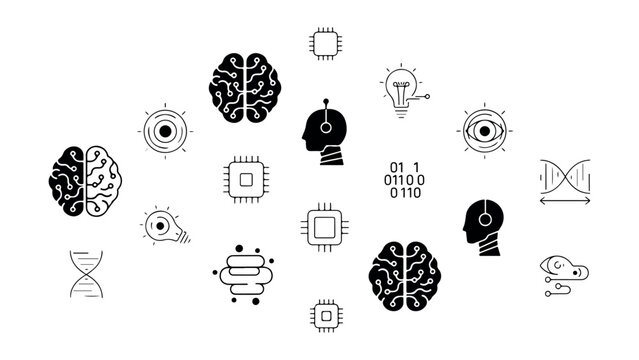 Artificial intelligence icons set with brain symbols robot heads cpu chips light bulbs and binary code elements on transparent background for technology.