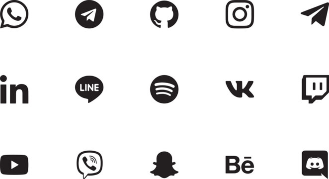 Black solid vector icon set featuring global messaging apps, social media networks, and popular technology brand logos like Telegram, Instagram, and Spotify for UI design