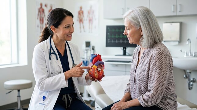 Cardiologist explaining anatomical heart model to senior patient