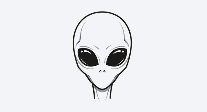 Alien head illustration with large expressive eyes and neutral expression.
