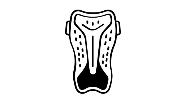 Vector illustration of a shin guard line icon showing the curved protective plate strapped to the shins of football players, suitable for sports product catalogs, player gear guides, and football.