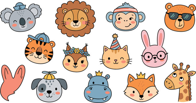 Cute Cartoon Animal Faces Vector Icon Bundle Featuring Koala Lion Monkey Bear Tiger Squirrel Cat Rabbit Dog Hippo Fox and Giraffe for Kids Nursery Designs