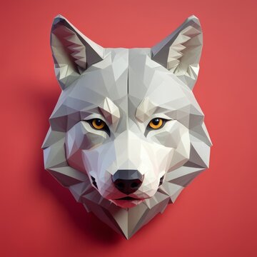 3D low poly origami wolf head front view red background