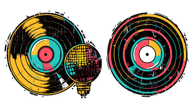 Vinyl records and microphone graphic, colorful retro discs
