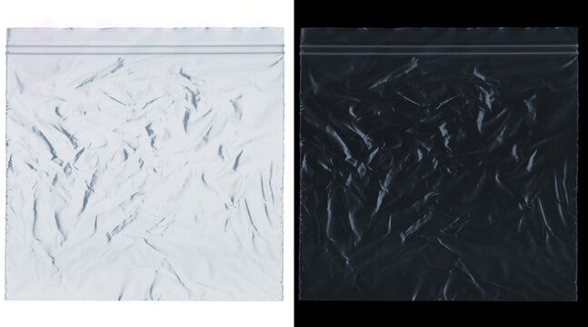 Crumpled plastic zip bag texture, transparent polyethylene pouch on white and black background, wrinkled polybag packaging mockup