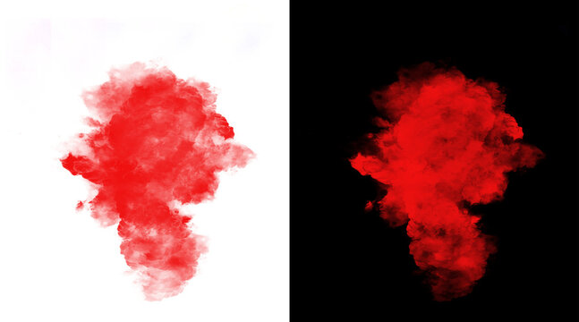 Vibrant red smoke explosion on black and white backgrounds, abstract crimson ink cloud splash, dramatic scarlet powder burst for creative design