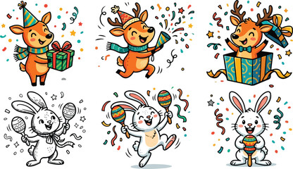 Festive cartoon animal illustrations reindeer and rabbits with gifts and party supplies © CODE BG